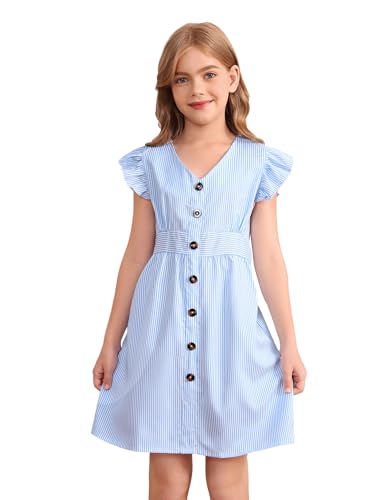 GORGLITTER Girl's Summer Dress Striped Print Ruffle Cute Midi Dress Cap Sleeve High Waist A Line Beach Sundress