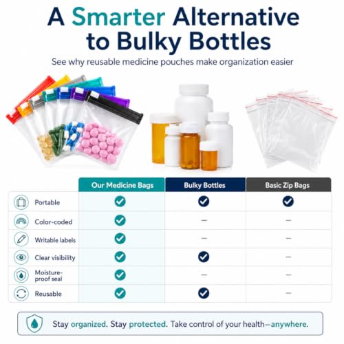 Image of Self Sealing Zipper Medicine Bags, Waterproof Pill Pouch Organizer with Slide Lock, Reusable Pill Pouches for Travel, Double-Track Airtight Sea, for Daily Use Medicine Qtips Small Items (28Pc)