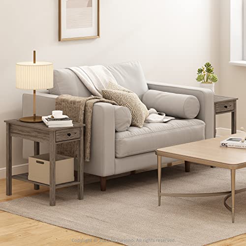 Image of Furinno Classic Rectangular Side Table with Drawer, Set of 2, Rustic Oak