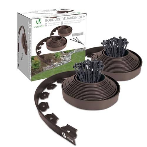 VOUNOT Plastic Lawn Edging Border with 60 Ground Anchors, 20m Flexible Garden Edging Strip for Grass, Paths, Gravel or Flower Beds, Weatherproof Landscape Border, 5cm High, Dark Brown