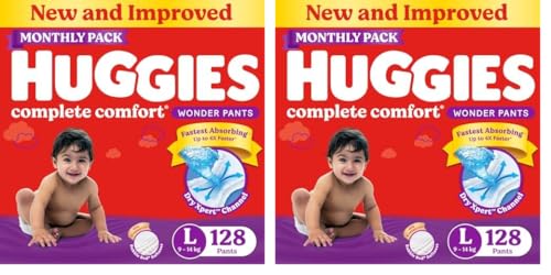 Image of Huggies Complete Comfort Wonder Pants | Pant Style Baby Diapers L Size, 128 Count | India's Fastest Absorbing Diaper, Patented Dry Xpert Channel, Ideal for 9 to 14 Kgs (Pack of 2)