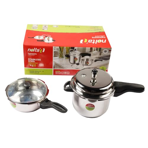 Image of Nolta DELIGHT Pressure Cooker Combo (3L + 5L) Induction Cookware, ISI Certified Safety, 5yr Warranty, Stainless Steel, Fast Cooking, Saves 60% Energy & Time
