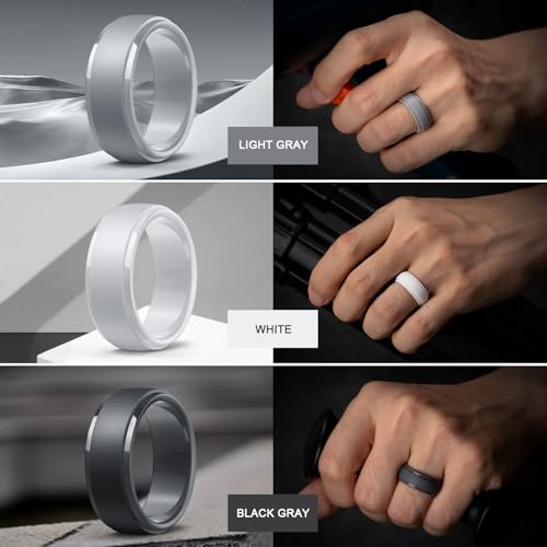 Image of Egnaro Men's Silicone Wedding Rings: Classic Black Step Edge Rubber band 10mm Wide 2.5mm Thick- Hypoallergenic for Gym /Outdoor /Gift(1 /4 /7 Variety Pack with Half Size)