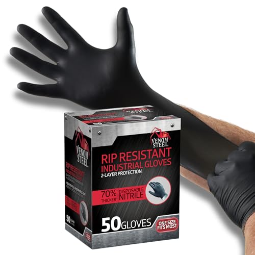 Image of Venom Steel Industrial Nitrile Gloves, Chemical Resistant Disposable Black Gloves, Latex-Free, Powder-Free, Textured Grip, Heavy Duty Two-Layer Protection, 6 mil, One Size Fits Most, 50 Count