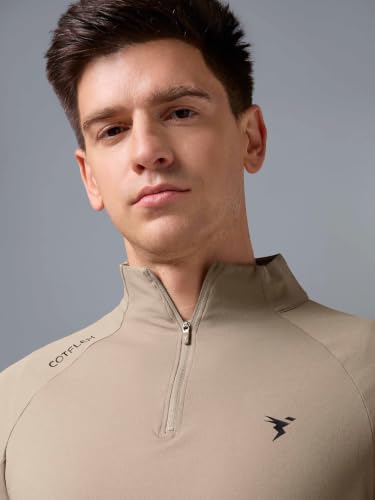 Image of TECHNOSPORT Men's Solid Quarter Zip Gym Slim Fit Active Sports T-Shirt with COTFLEX Full Sleeve Cotton Feel Polyester 4-Way Stretch Memory Fabric Lightweight Workout Running Training