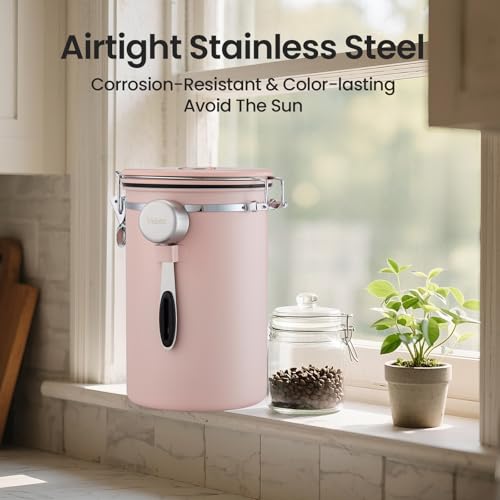 Image of Veken Coffee Canister,39OZ, 2.2lbs,Large Airtight Stainless Steel Container | Date Tracker, Kitchen Food Storage Jars for Beans, Ground, Espresso, Rice,Tea, Sugar, Cereal, Cookie,Gifts, Lids, Scoop, Pink