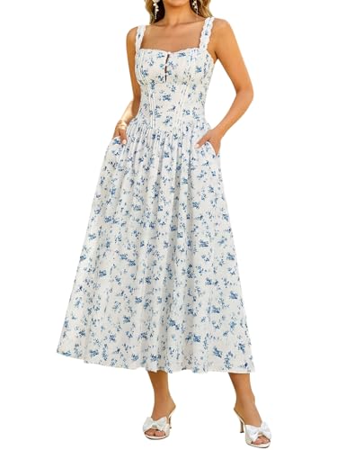 Image of KUTUMAI Women Summer Corset Midi Floral Wedding Guest Dresses with Pockets | Lace Neck, Smocked Back, Flowy A Line Sundress for 2026 Engagement Photoshoot Bridal Shower Garden Party