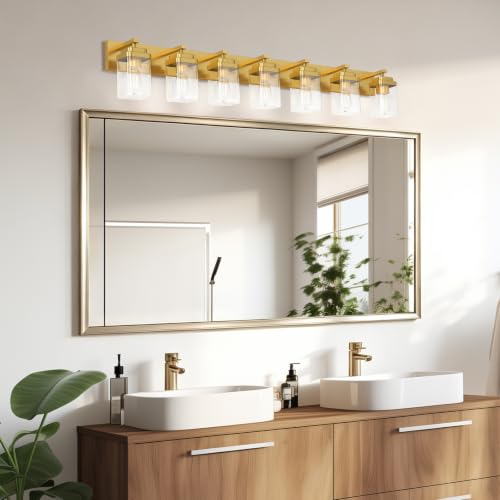 Image of Brushed Gold Bathroom Light Fixtures, 7 Lights Bathroom Lighting Fixtures Over Mirror, Square Design & Rectangle Large Backplate, Modern Vanity Lighting Fixtures, for Living Room /Bedroom