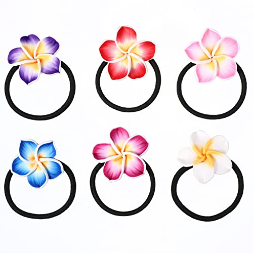 minkissy 12pcs Plumeria Hair Rope 4cm Hawaiian Elastic Hair Rope Ties Flowers Ponytails Bands Flower Beach HairRing for Women Girls Party (6 Colors)