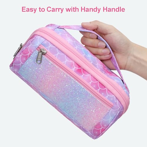 Image of Pencil Case for Girls, Durable Kids Pencil Pouch for School, Wide Opening Soft Pen Bag with Handle, Fits 50 Pens & Markers (Glitter Pink Memarid)