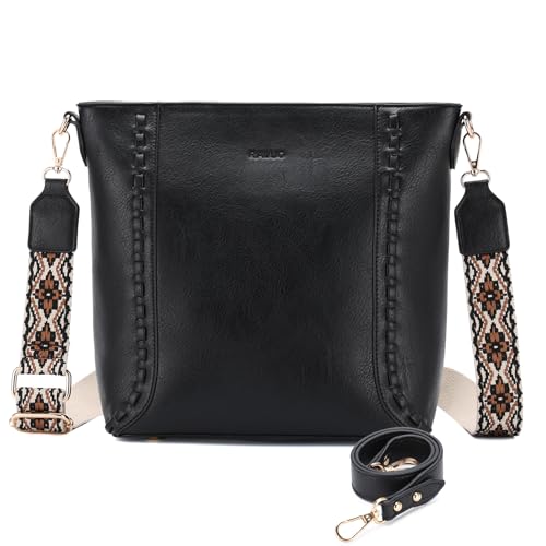 RAVUO Crossbody Bag for Women, Vegan Leather Bucket Handbag Shoulder Purse Trendy Lady Bag w Adjustable Guitar Strap