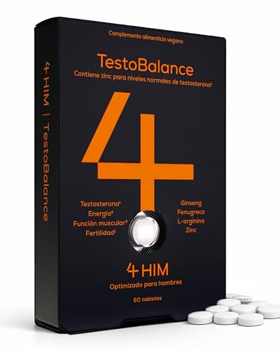 4 HIM TestoBalance - Energía & Funcion Musculár - Zinc + Magnesio + B6, Fenogreco, L-Arginina & Ginseng - 60 Comprimidos Veganos