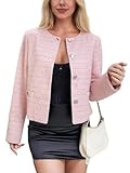 Womens Tweed Blazers Long Sleeve Open Front Lightweight Casual Jackets for Work Office(Pink M)