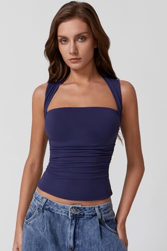 QINSEN Sleeveless T Shirts for Women Square Neck Double-Layered Summer Tight Tank Tops Navy M4