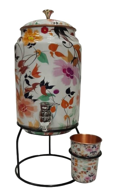 Copper Printed 5 Liter Water Cooler & Glass 300 Ml With Stand For Kitchen, Home Dispenser, Gallon Water Dispenser Copper Storage By ORNATE INTERNATIONAL., 5 Litre