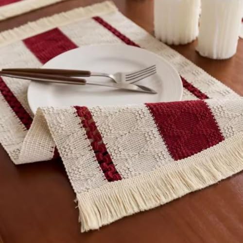 Image of HomeCloud Croshia Woven Table placemat - Heat Resistant, Washable Table Decoration for Dining, Office, Kitchen, Hotel, and Home (Rec White Maroon, Set of 4)