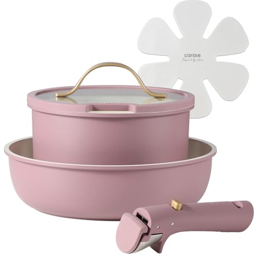 CAROTE カローテ フライパン セット5点 鍋セット IH・ガス火対応 PFOA PFOS フリー 取っ手のとれる マーブルコート くっつきにくい 洗いやすい 高級感ありのつまみ 紫 パープル 一年保証 プチ贅沢 Gold Luxeシリーズ