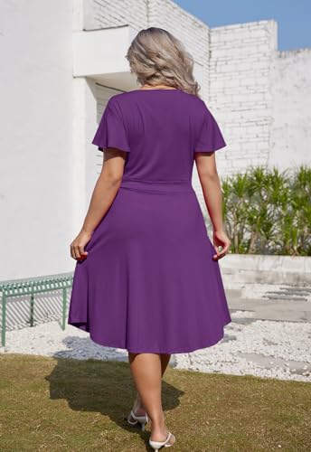 Image of Women's Plus Size Summer Dresses V Neck Ruffle Short Sleeve Casual Wrap A Line Midi Dress with Pockets
