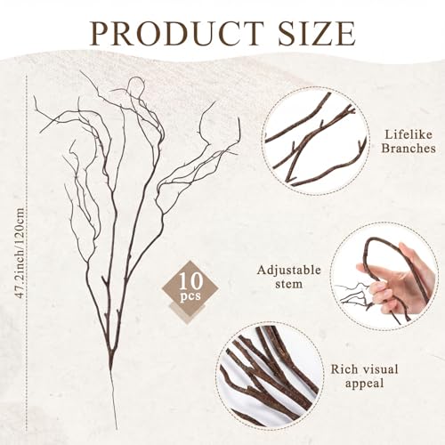 Image of Norme 10 Pcs 47.2 Inch Lifelike Curly Willow Branches for Vases Artificial Decorative Dried Twigs Tall Plastic Vine Bendable Stick for DIY Plant Crafts Farmhouse Wedding Indoor Home Hotel Decor(Brown)
