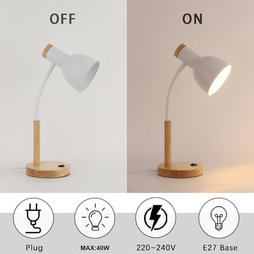 Kaixunl Lámpara de mesa de madera y metal, lámpara de noche de metal, dirección de cabeza de lámpara ajustable, adecuada para dormitorio, sala de estudio, habitación infantil, E27, D15 x H47 - imagen 4