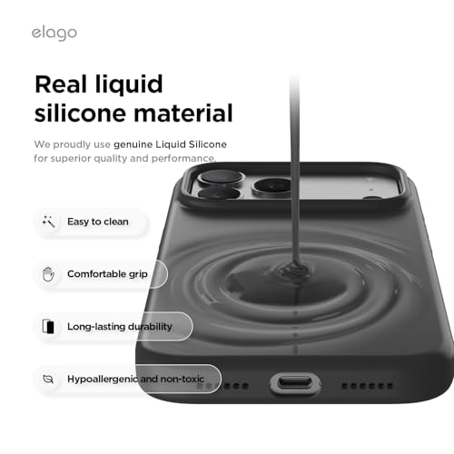 Image of elago for iPhone 17 Pro Max Case, Premium Magnetic Silicone Case, Compatible with MagSafe, Liquid Silicone Material, Protective Cover, Shockproof, Slim Phone, 6.9 inch (Black)