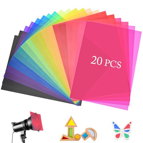 Peevisap 20 Pièces A4 Gelatine Lumière, Papier Vitrail, Filtre Spot LED, Filtre Photo, Gélatine Éclairage, pour Lampe Photo Phare Flash Stroboscopique LED