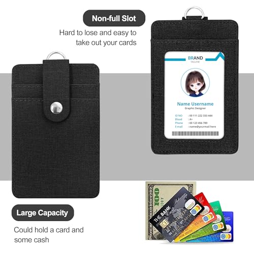 Image of Conisy ID Badge Holder with Retractable Lanyard, Vertical PU Leather ID Badge Card Holder with 2 Card Slots for Women Men (ID Badge Holder Black)