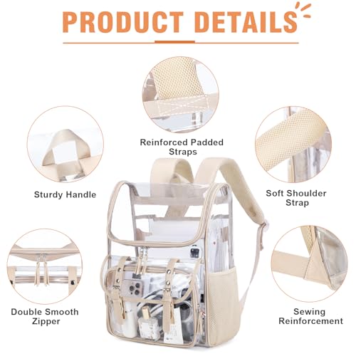 Image of DIGOBAY Clear Backpack with Lunch Bag, Leather Clear Bookbag Heavy Duty | Thick PVC Clear Backpack for Girls Women See Through Transparent Backpacks for Stadium Events College Travel Work, Khaki