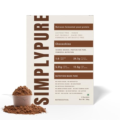 Image of SimplyPure Fermented Yeast Protein Powder - Chocochino | 288g (8 Sachets) | 24.7g Complete Protein | Muscle Recovery & Lean Muscle Support | Gym & Fitness Supplement for Men & Women | Vegan Protein Powder | PDCAAS 1.0 | With Probiotics & Digestive Enzymes