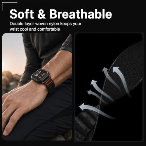Image of MRAIN-H Leather Design Compatible with Apple Watch Bands Ultra 3 2 1 (49mm) & Series 11 10 9 8 7 6 5 4 SE 3 2 1 (46mm 45mm 44mm), Soft Stretchy Nylon Sport Band for iWatch Men Women