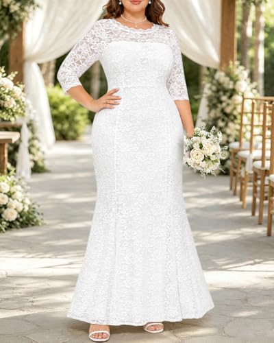 Image of Pinup Fashion Plus Size Formal Dress Women Wedding Lace Evening Gowns | Elegant lace mermaid evening gown, sheer 3 /4 sleeves, ideal for mother of the bride, prom, wedding guest