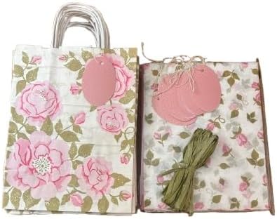Rustic Pearl Collection GIFT WRAP SET: SET OF 10 - Gift Bags with Coordinating Tissue Paper and Gift Tags and Ribbon Bundle (Pink Garden Roses)