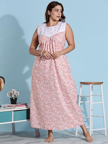Image of 9shines Label Cotton Sleeveless Nighty | All Over Print Maxi Night wear for Women | Full Length Night Gown Night Dress for Women Stylish (Cotton Sleeveless 25)