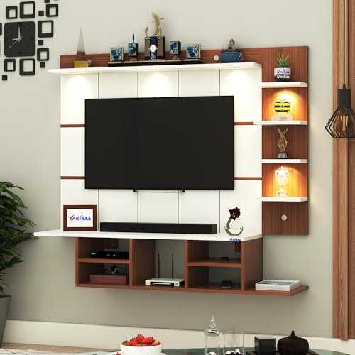 Image of Anikaa Charley Engineered Wood Wall Mount Striped PVC Back Panel TV Unit with Spot LED Lights | TV Cabinet with Open Storage Box (Walnut /White) | Ideal for UP to 43 Inch TVs - DIY Installation