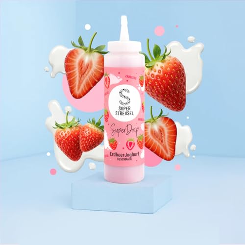 Super Streusel SuperDrip mit ErdbeerJoghurt Geschmack - fertige Drip Cake Glasur Kuchenglasur Royal Icing Zuckerschrift Lebensmittelfarbe Kuvertüre Zuckergruss Rosa (300g Flasche)
