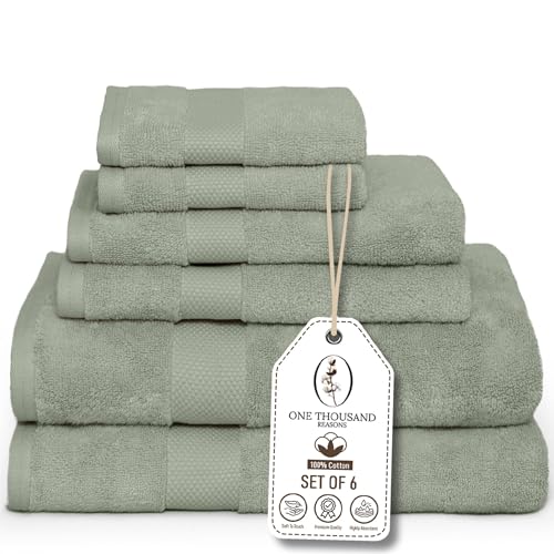 Premium Staple Cotton Bathroom Towel Set - Sage Green 600 GSM 6-Piece Luxury Bath Towel Set 1 Stripe - 2 Bath Towels, 2 Hand Towels & 2 Washclothes Set - High Absorbent & Quick Dry for Gym, Spa, Hotel
