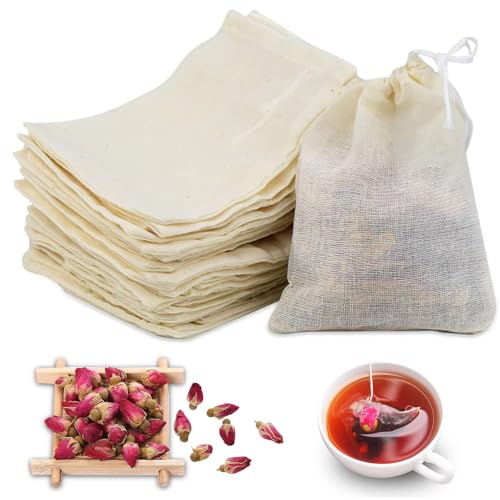 EYBDYB 30 PCS Reusable Cotton Tea Bags with Drawstring – Natural Loose Leaf Tea Filter Bags, Empty Herb & Seasoning Bags for Tea, Coffee, Spices, Soup, and DIY Scented Sachets