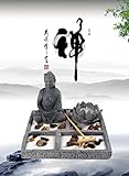 Figura buda sentada Meditando OM HOME Jardin Zen Figura Buda en Bandeja Cuadrada,con portavela en Forma de Flor de Loto, Roca y Arena decoración con Embalaje Mejorado