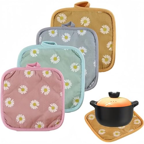 DUZEPA 4er-Pack Topflappen aus Baumwolle (17,5 x 17,5 cm, Gänseblümchenmuster) – Hitzebeständige und waschbare Küchenschoner zum Kochen und Backen