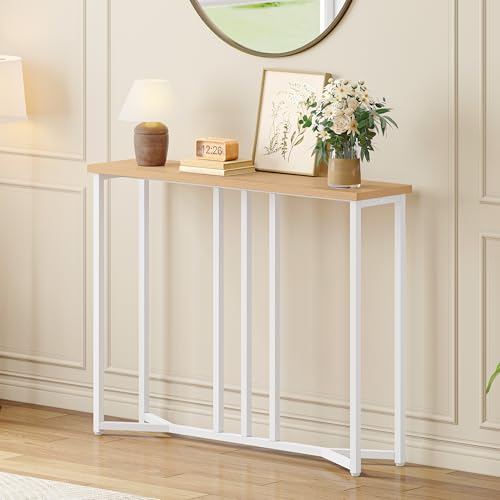 YITAHOME Mesa Consola, 80cm Consola Recibidor, Mesa Sofa, Mueble Entrada Recibidor, para Sala de Estar, Pasillo, Marco de Metal, Color de los Troncos y Blanco