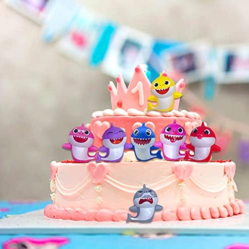 Shark Cake Toppers-8Pcs Shark Birthday Cake Toppers with Bright Colors, Little Cute Shark Family Cake Decorations for Shark Theme Cake for Kids Birthday Party & Baby Shower & Shark Theme Party