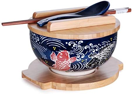 Hinomaru Collection Japanese Kamameshi Style Rice Noodle Bowl with Bamboo Lid Trivet Chopsticks and Porcelain Spoon Bowl Set (Koi Fish Design)
