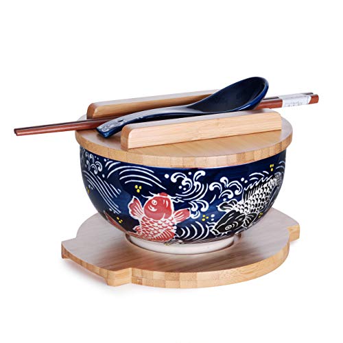 Hinomaru Collection Japanese Kamameshi Style Rice Noodle Bowl With Bamboo Lid Trivet Chopsticks And Porcelain Spoon Bowl Set (Koi Fish Design) #TOP18