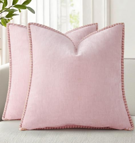 decorUhome Summer Chenille Soft Cozy Throw Pillow Covers 20x20 Set of 2, Modern Farmhouse Boho Velvet Decorative Pillow Cases with Stitched Edge for Couch Sofa Bed Home Decor, Blush Pink