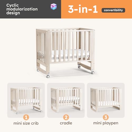 Image of MAMAZING EvoNest Baby Crib, 3 in 1 Convertible Mini Crib with Wheels, 100% New Zealand Wood Crib, 4 Adjustable Mattress Height, GREENGUARD Gold Certified, Washed Natural