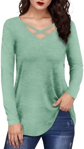 Womens Trendy Tops Long Sleeve Tunic T Shirts V Neck Casual Solid...