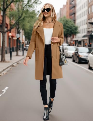 Omoone Women's Winter Wool Blend Coat Notch Lapel Mid Long Single Breasted Pea Coat Jacket Outwear2