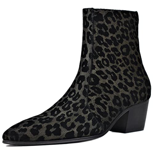 OSSTONE Men Chelsea Ankle Boots Leather Leopard Boot with Side Zipper Heel Boots OS-JY047-US-R