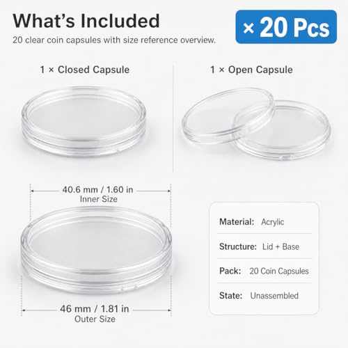 Porta monedas acrílico transparente de 40.6mm, pack 20 piezas miniatura 6