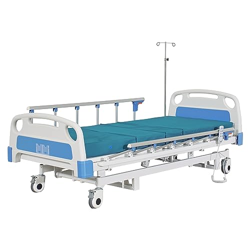 ELENKER Full Electric Hospital Bed for Home Use, ICU Medical Bed, Premium 3 Function Hospital ICU Bed with Remote Control, IV Pole, Mattress, Dining table, Lockable Quiet Casters, Includes Sheets (2X)